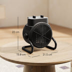 Electric Heater, Adjustable, 3-Mode, Fireproof PP and PA, 21.5 x 15.8 x 22 cm, Black
