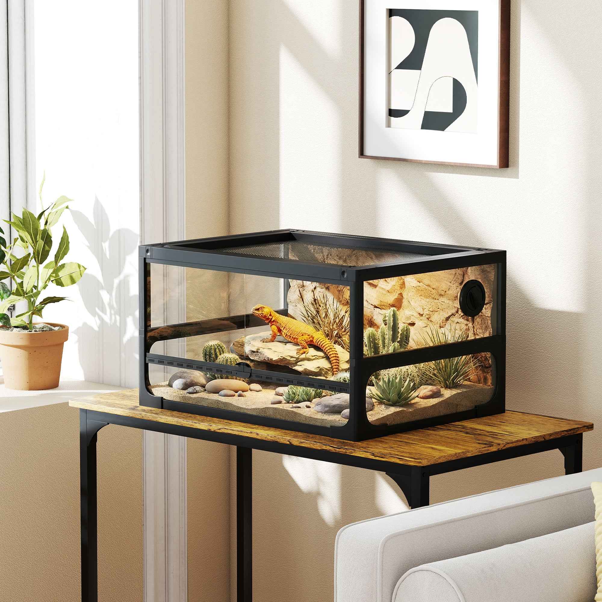 PawHut Raised and Foldable Reptile House with Tempered Glass and Plastic Lid and Walls, 60x45x32 cm, Black