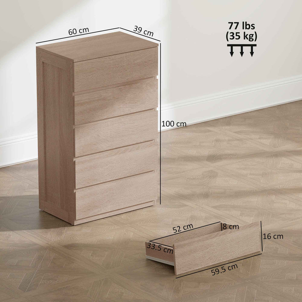 HOMCOM 5-Drawer Wooden Chest of Drawers with Metal Rails and Grooved Handles, 60x39x100 cm, Beech Color