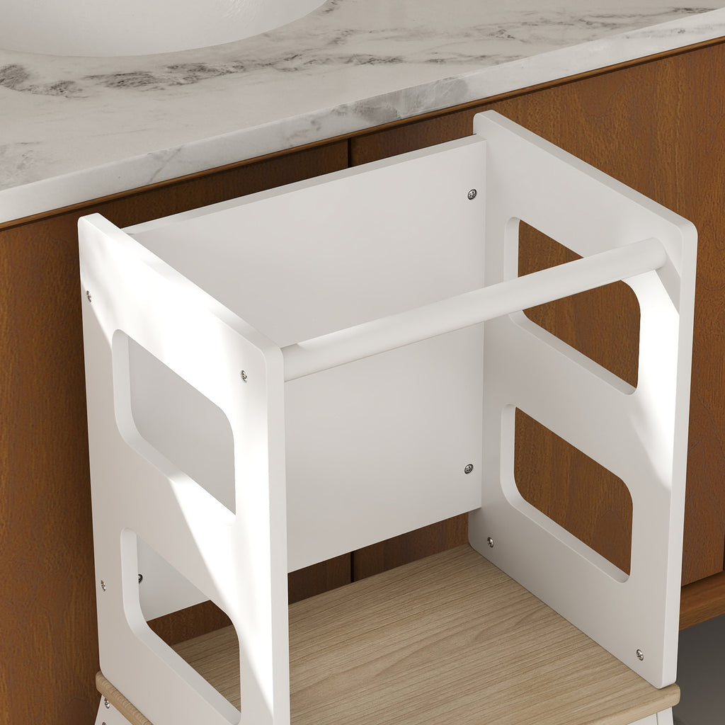Montessori Tower for Children with Blackboard and Railing, Wooden, 55x52.5x87.5 cm, White and Wood color