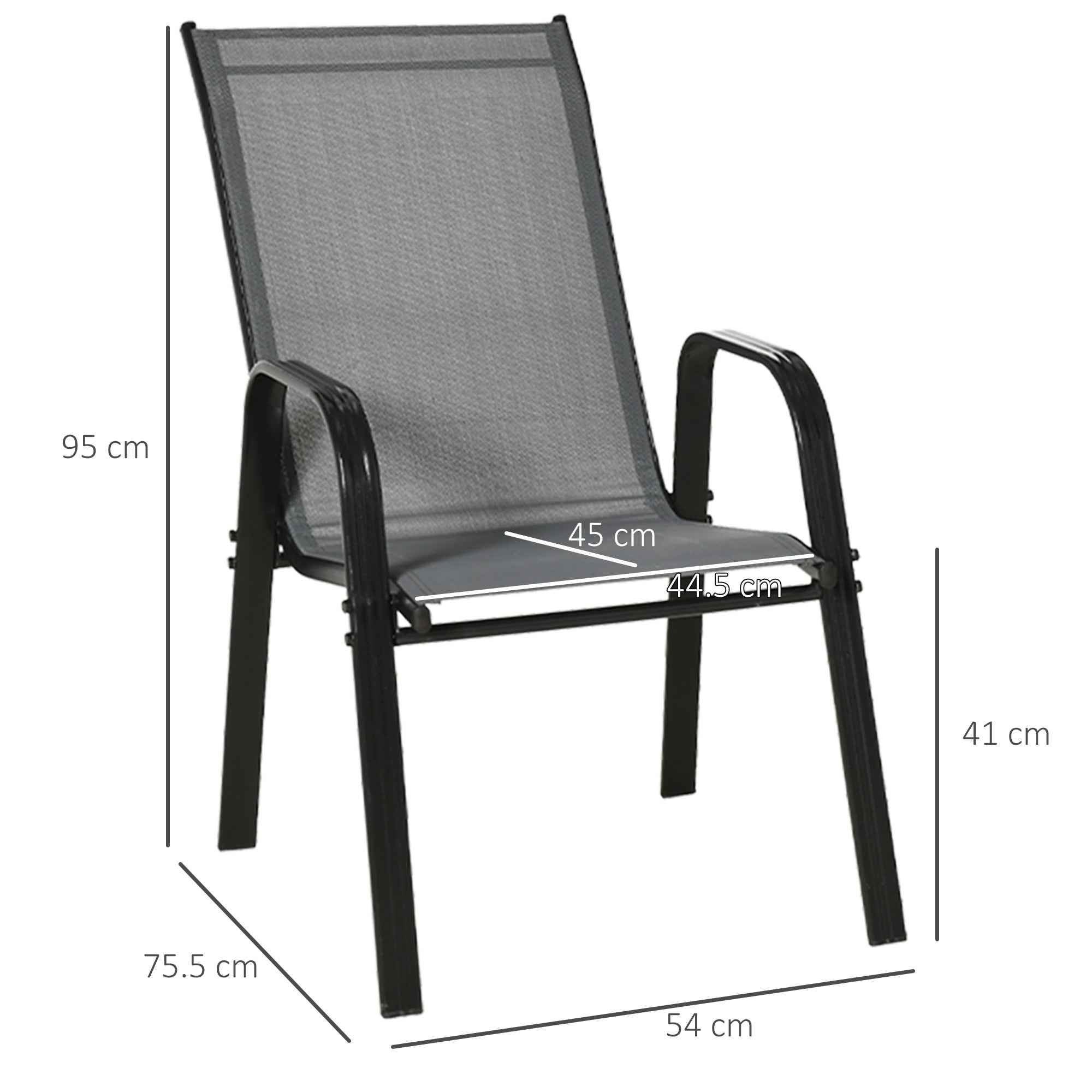 Outsunny Set of 4 Stackable Space-Saving Garden Chairs with Metal Armrests and Mesh Fabric, Grey