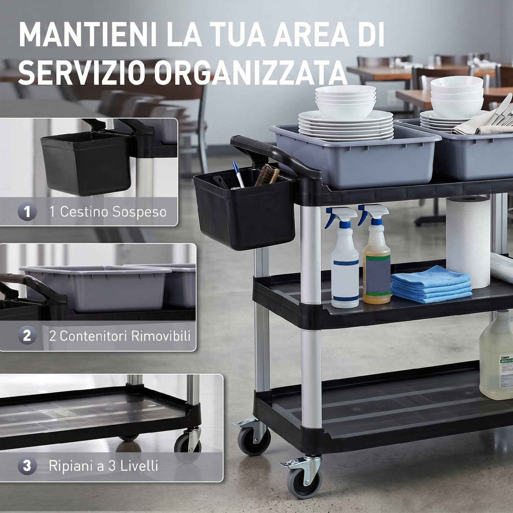 HOMCOM Professional 3-Tier Cleaning Cart with 2 Removable Bins, Side Bin and 4 Wheels, Black