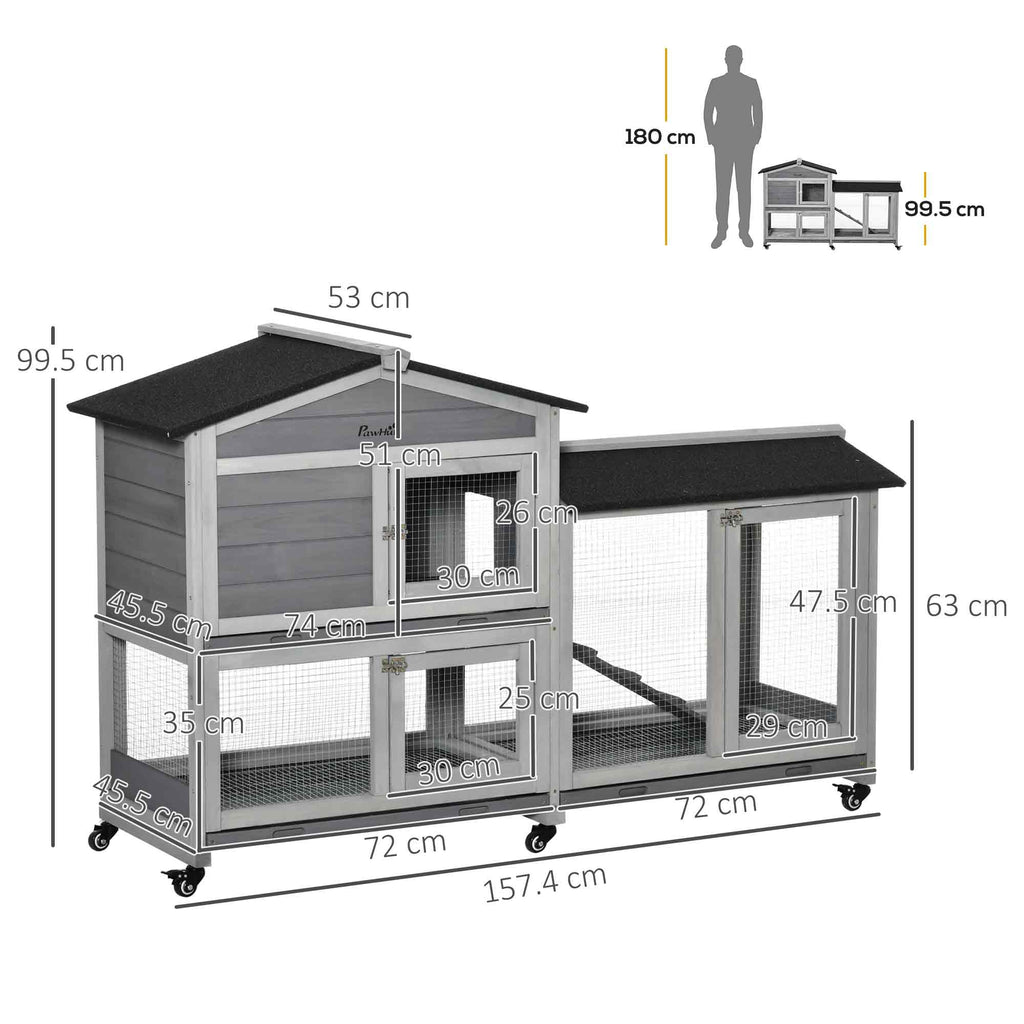 2-Tier Rabbit Hutch with Protective Net and Wooden and Metal Wheels, 157.4x53x99.5 cm, Grey