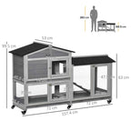 2-Tier Rabbit Hutch with Protective Net and Wooden and Metal Wheels, 157.4x53x99.5 cm, Grey