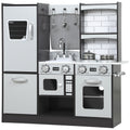 Wooden Toy Kitchen for Kids Ages 3-8 with Accessories, Fridge, Sink and Knobs with Sounds, Brown