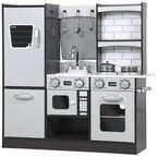 Wooden Toy Kitchen for Kids Ages 3-8 with Accessories, Fridge, Sink and Knobs with Sounds, Brown