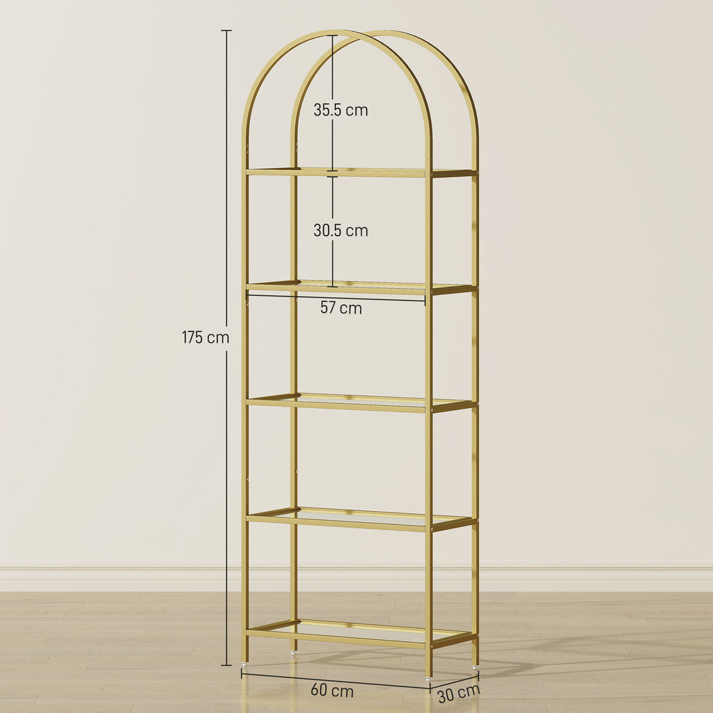 5-Tier Arched Storage Shelf in Steel and Tempered Glass, 60x30x175 cm, Gold