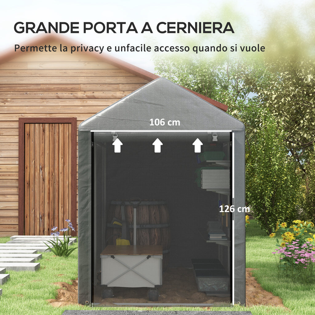 UV Protection Tool Shed with Zip Entrance, Galvanized Steel and PE Fabric, 120x179x165 cm, Dark Grey
