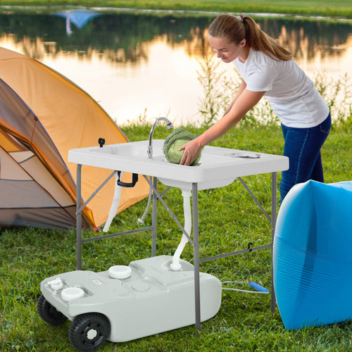 40L Camping Water Tank with Wheels and Adjustable Handle, Hose and Tap Included, Grey