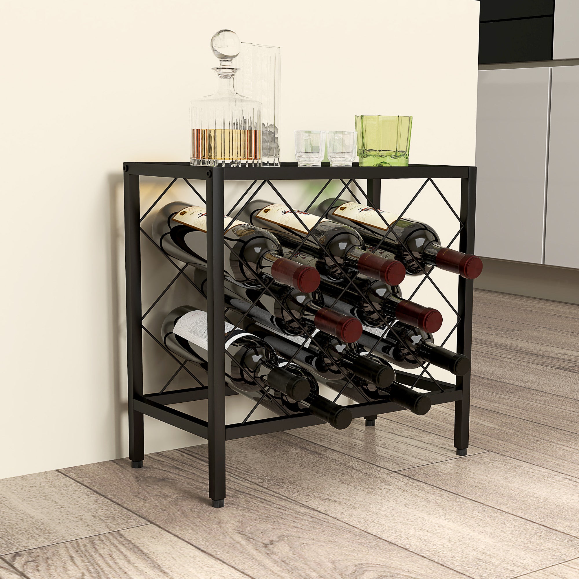 Wine Bottle Rack for 10 Bottles in Black Steel with Tempered Glass Shelf, 41x22x41 cm