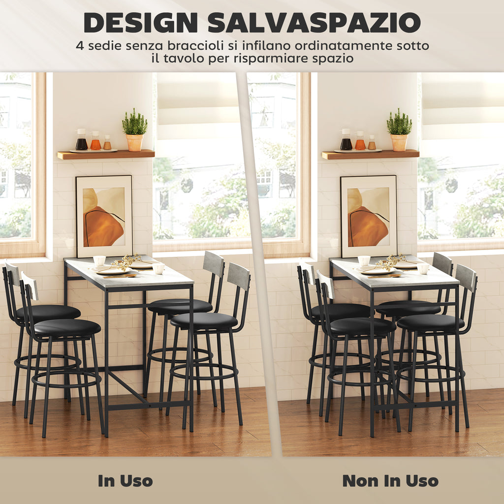 Industrial Style High Table and 4 Bar Stools Set with Backrest and Footrest, Cement Grey