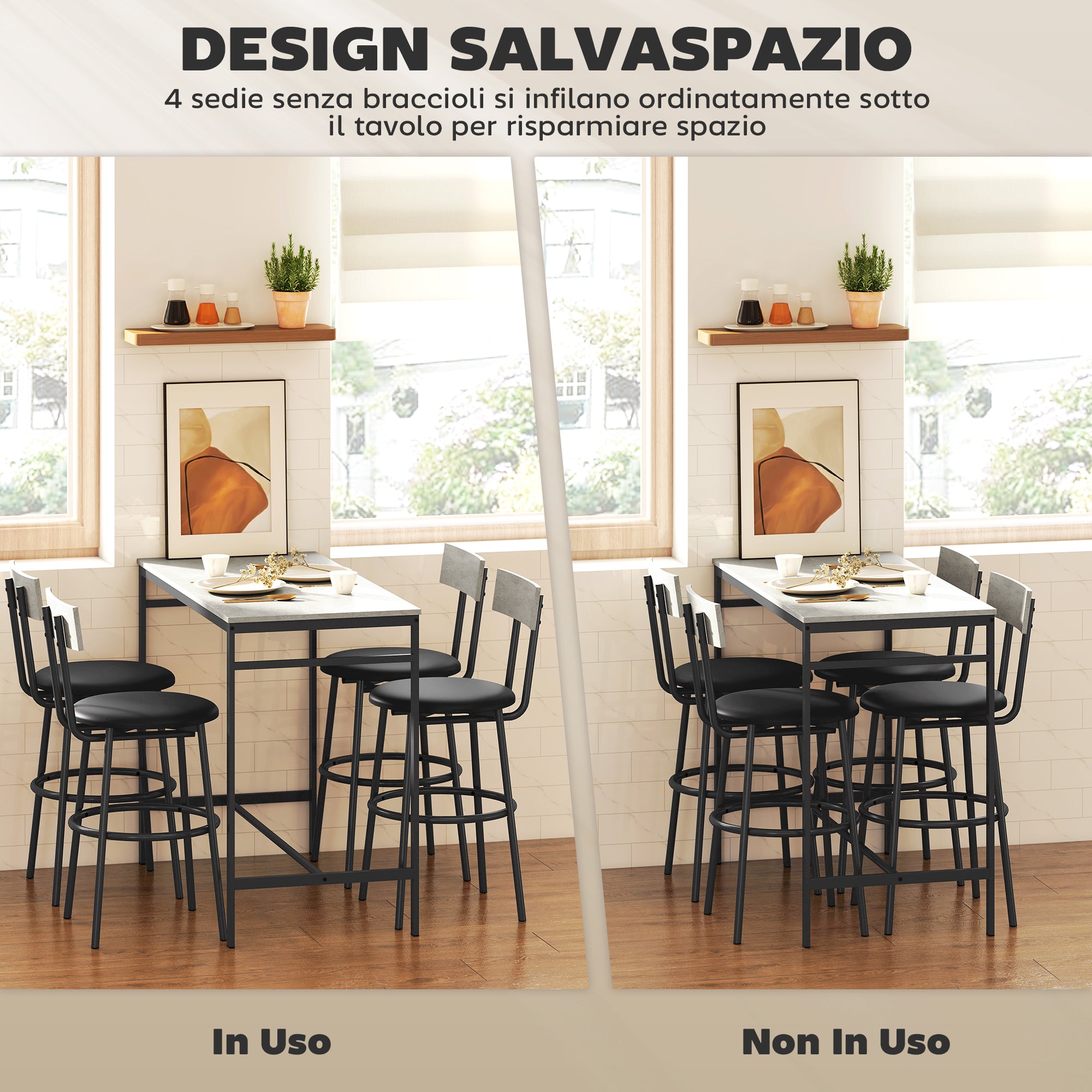 Industrial Style High Table and 4 Bar Stools Set with Backrest and Footrest, Cement Grey