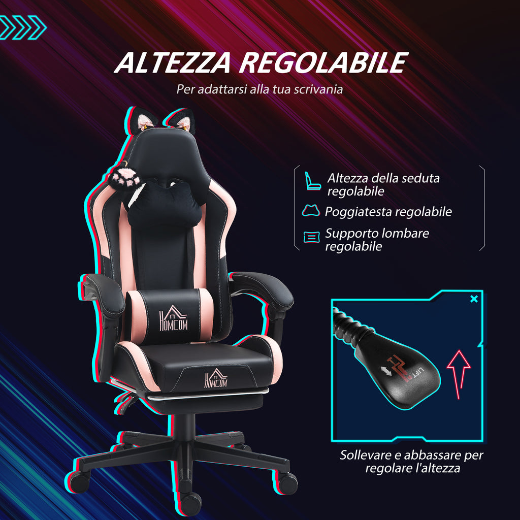 Reclining Gaming Chair with Footrest and Cushions, Faux Leather and Sponge, 65x62x116-124 cm, Pink and Black
