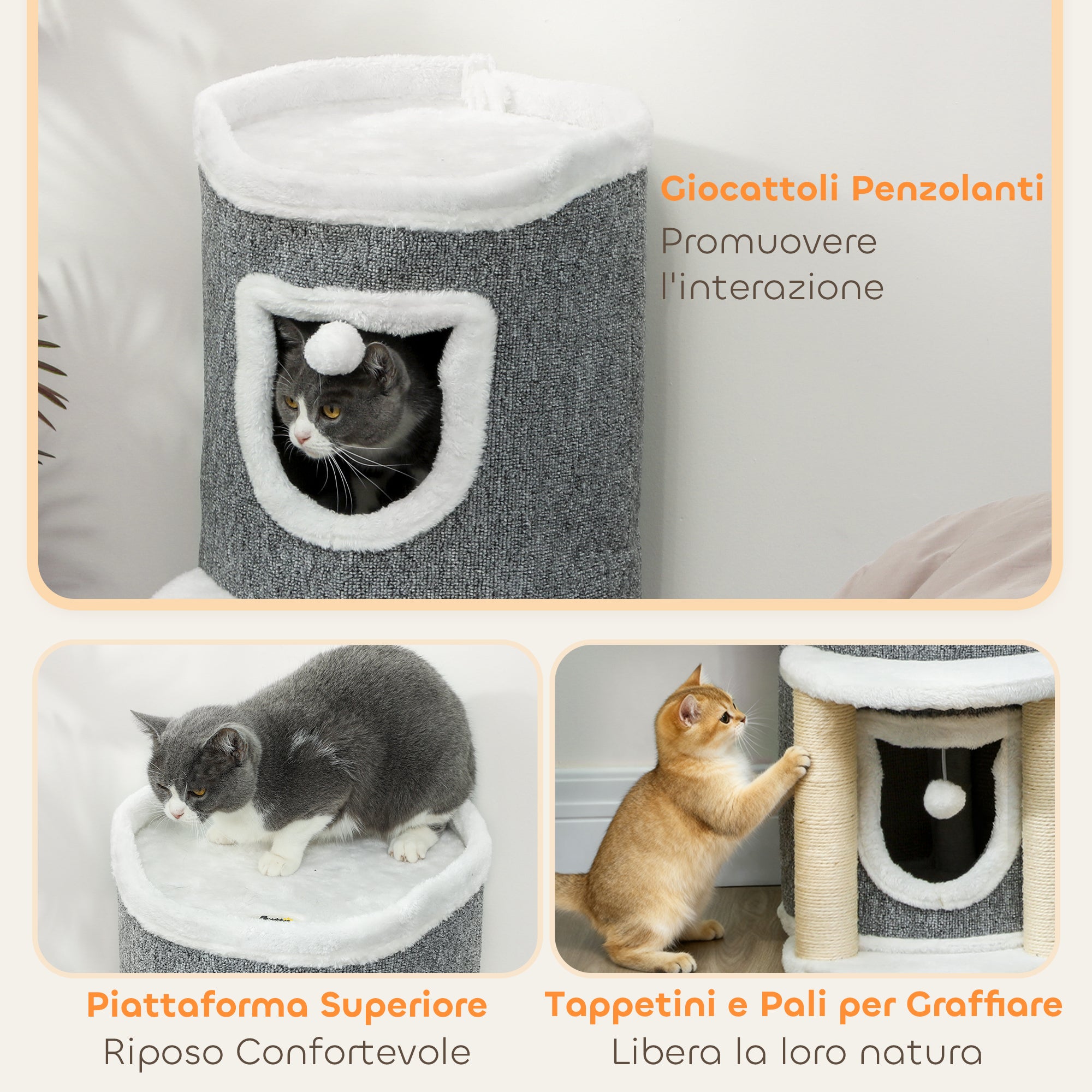 Cat Scratching Tree, 76 cm Tall, with Houses, Bed, Balls and Sisal Posts, Grey
