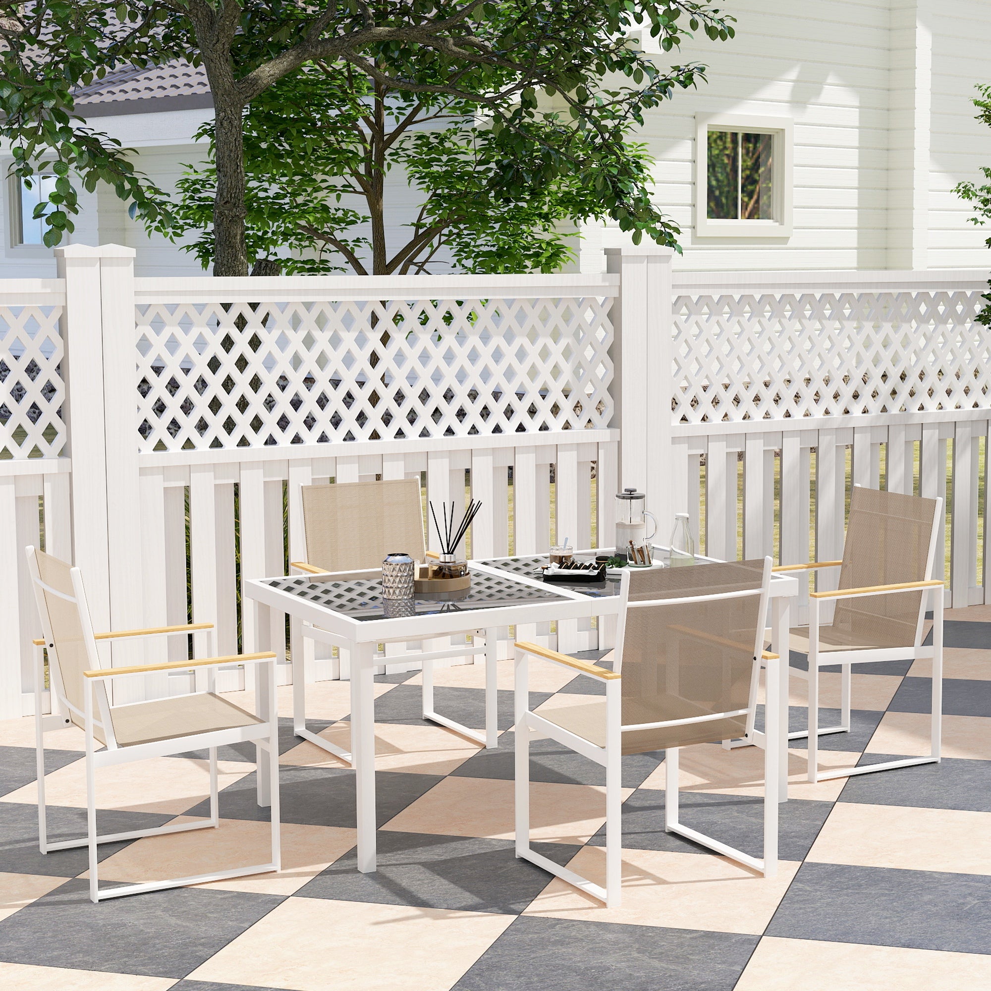 Rectangular Glass Dining Table and 4 Armchairs Garden Set, Multicolor