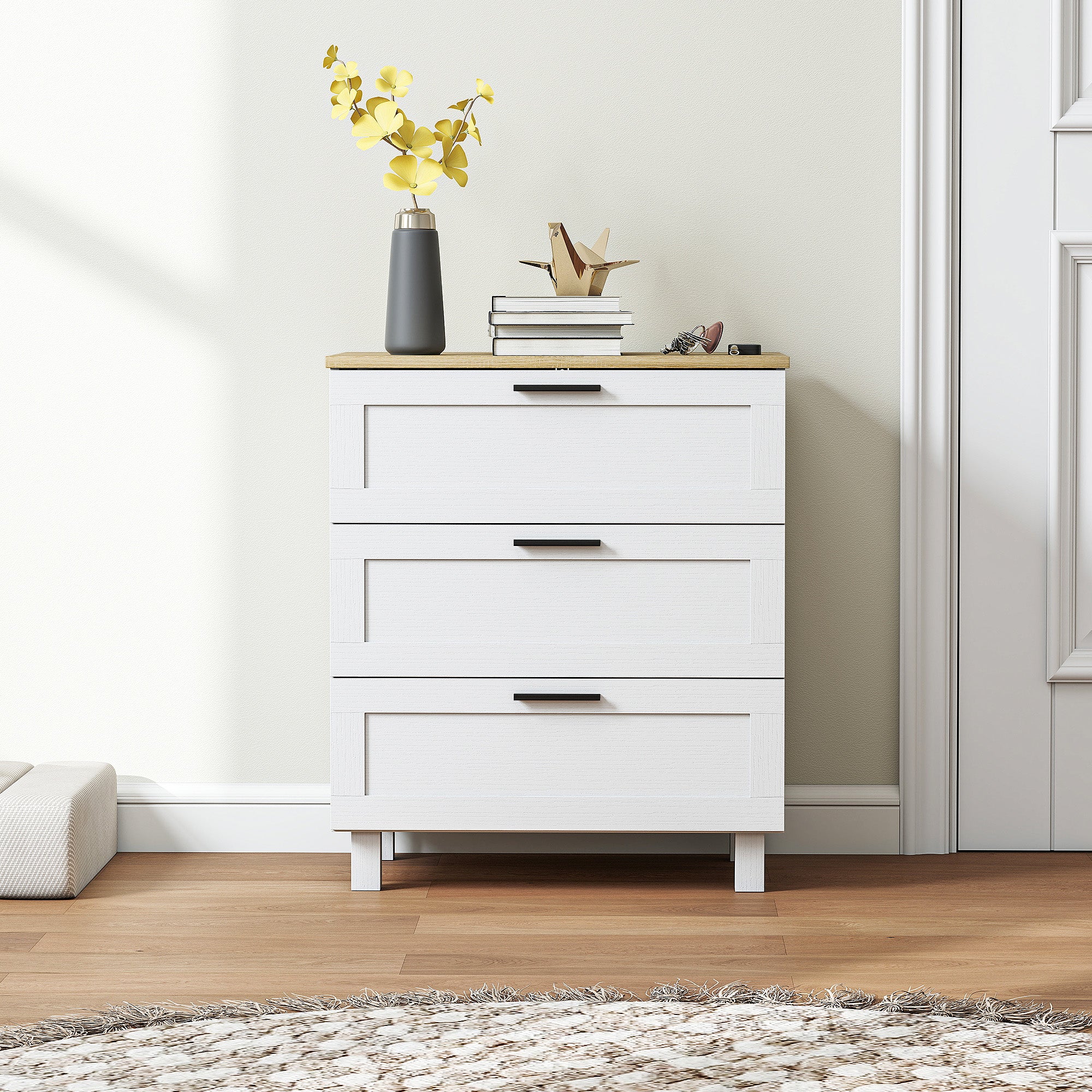 Modern 3-Drawer Wooden Chest of Drawers, 60x38x71 cm, White and Wood Color