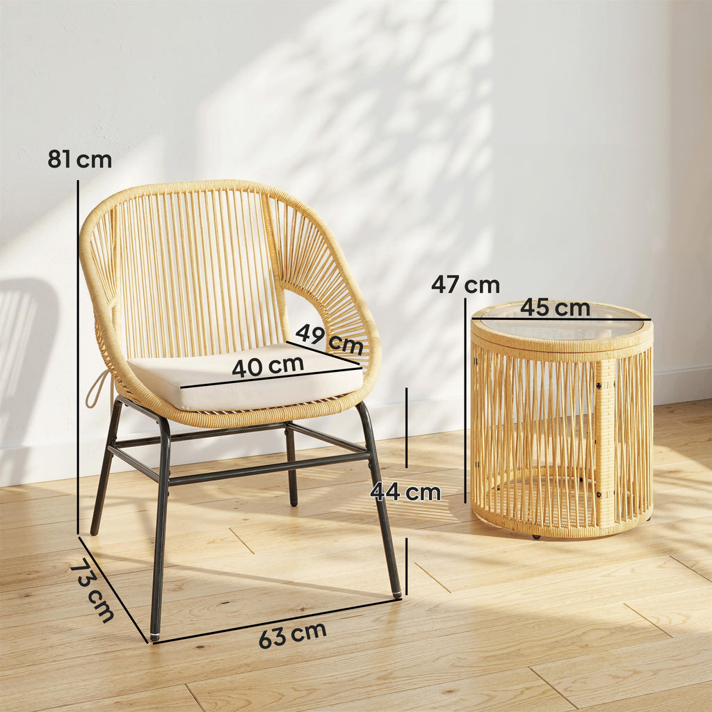 Outsunny 3-Piece Rattan and Steel Bistro Set with 2 Chairs, Round Table with Tempered Glass Top, Beige