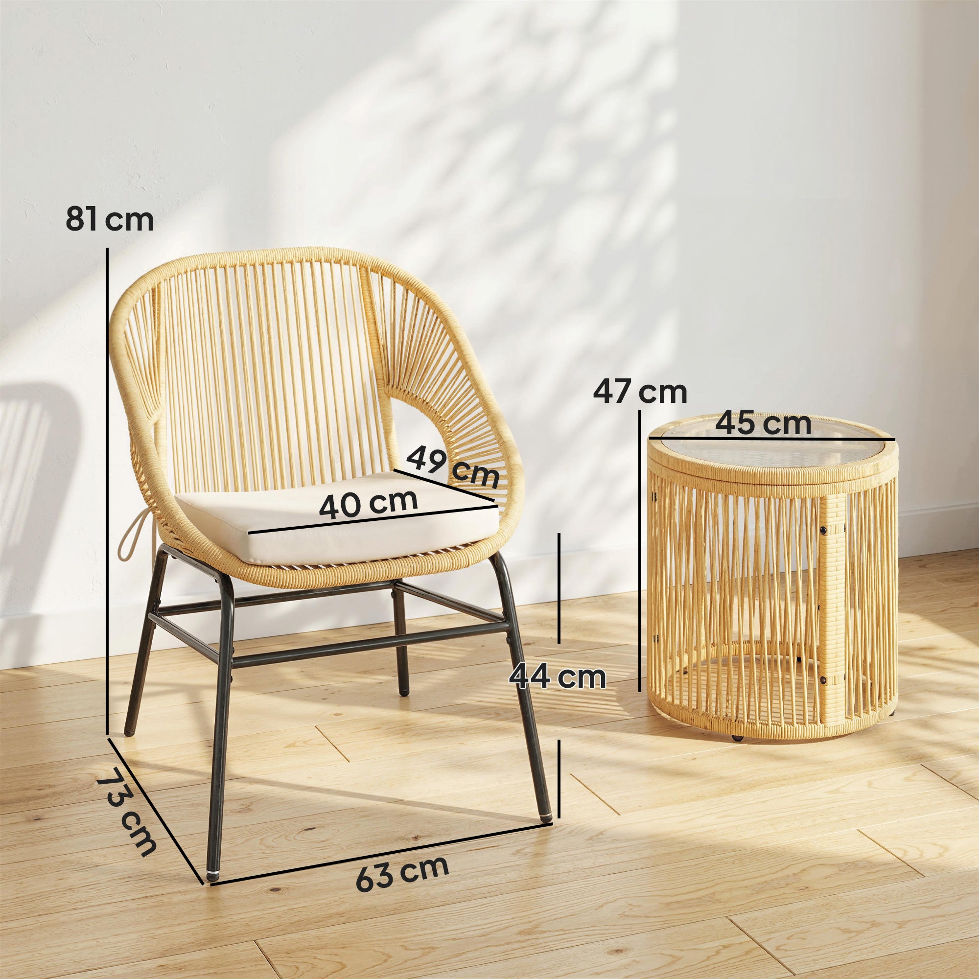 Outsunny 3-Piece Rattan and Steel Bistro Set with 2 Chairs, Round Table with Tempered Glass Top, Beige