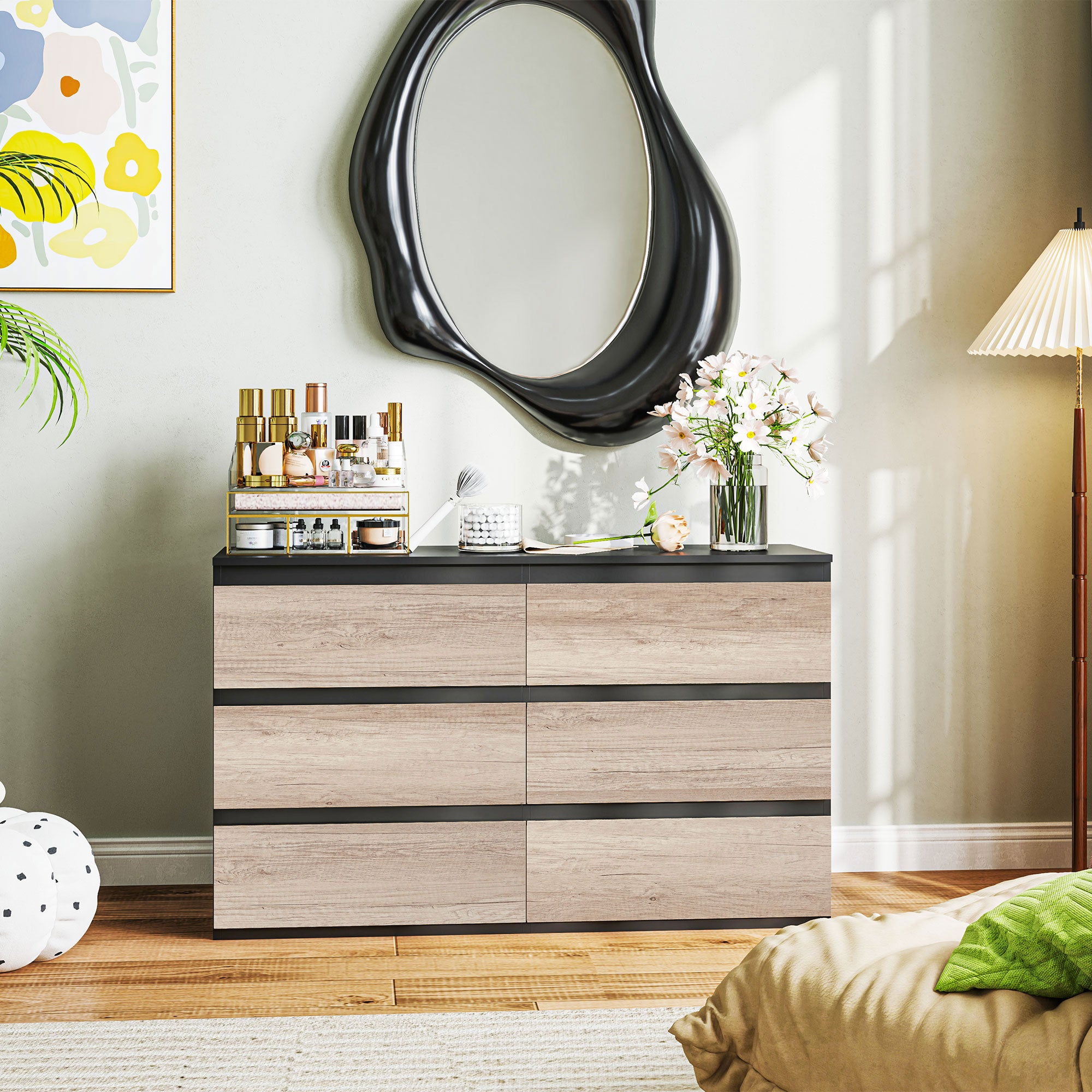 Chest of 6 Drawers for the Bedroom in Wood with Metal Guides, 120x39x75 cm, Black and Wood Color