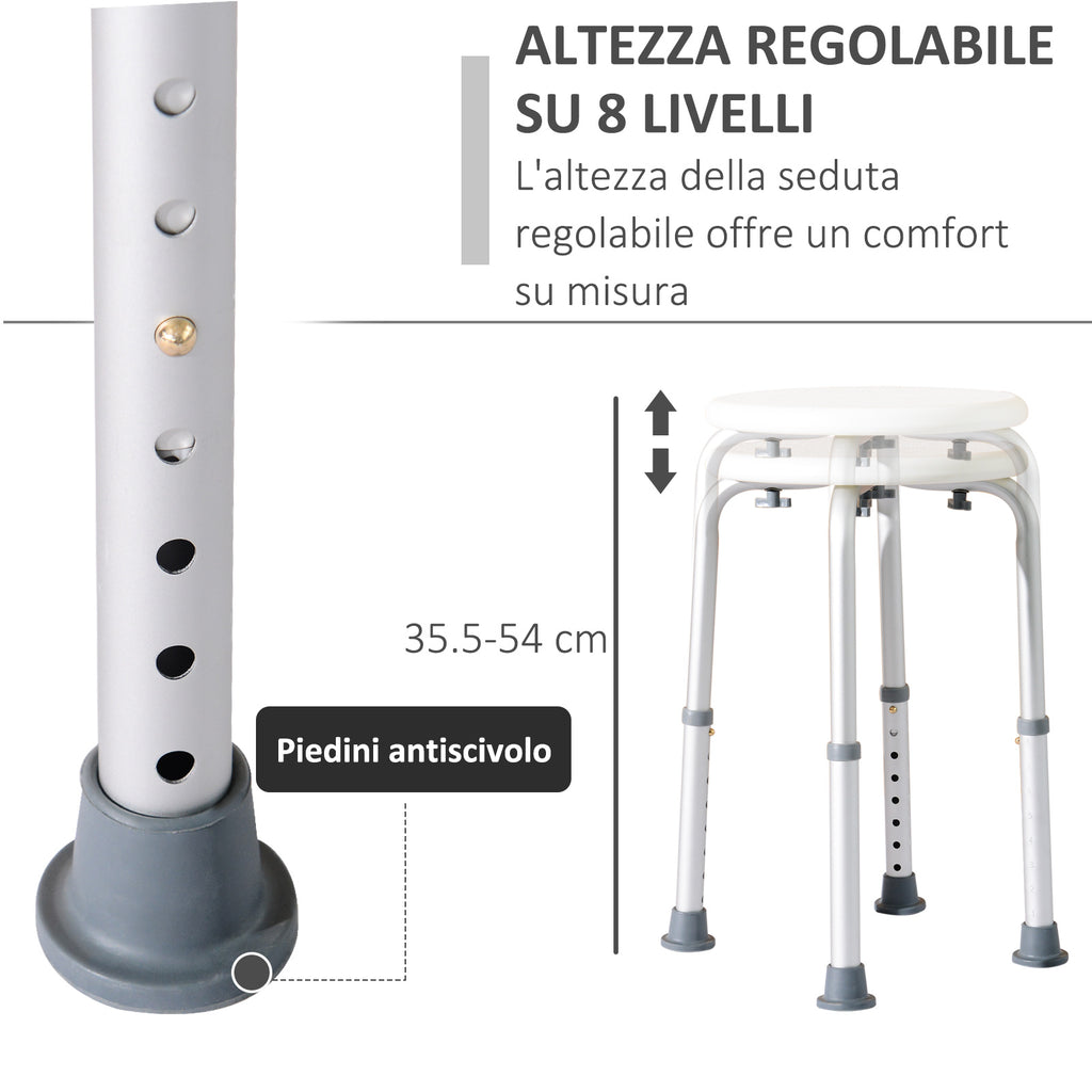 Round Shower Stool for the Elderly, Disabled Bath Chair with 8-Position Adjustable Height, Non-Slip Feet, Made of Aluminum and PE, White
