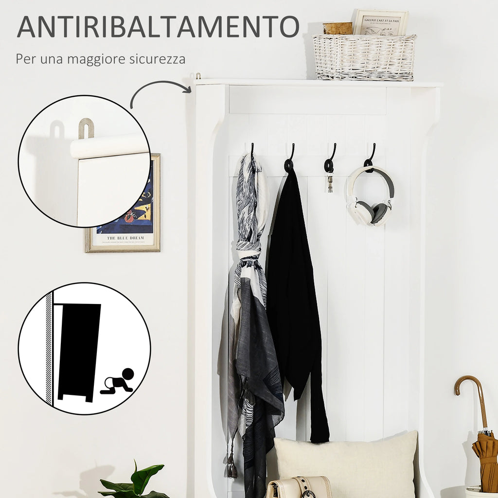 Modern Coat Rack 3 in 1 with 4 Hooks, Storage Bench and Coat Stand, Space-Saving Entryway Furniture, Hallway, Wooden Bedroom, 71.5x39. 5x170 cm, White