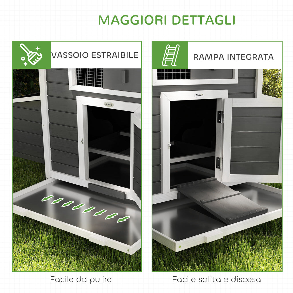 PawHut Outdoor Wooden Chicken Coop with 2 Brooding Nests, Removable Tray and Asphalt Roof, Grey