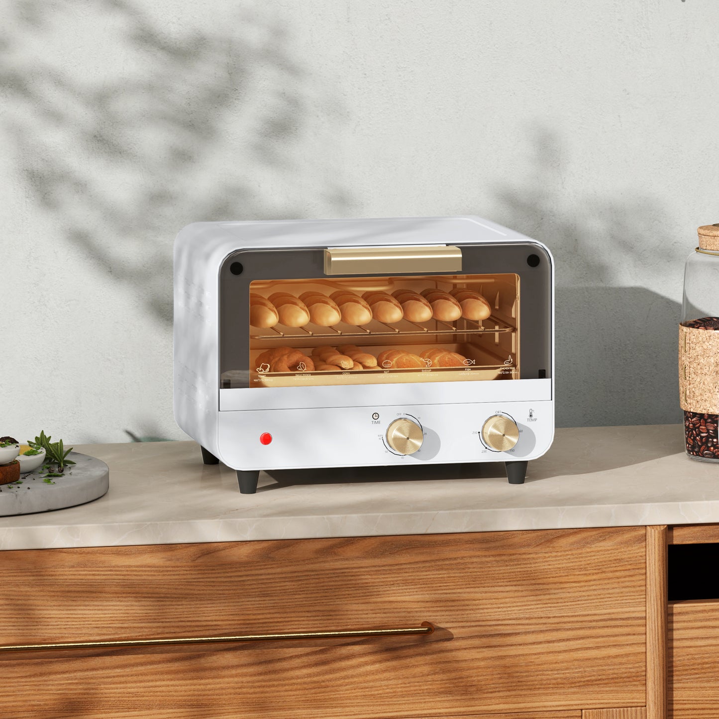 12L Electric Oven with Timer and Adjustable Temperature, in Steel and Plastic, 31.5x27.7x22.7 cm, White and Gold