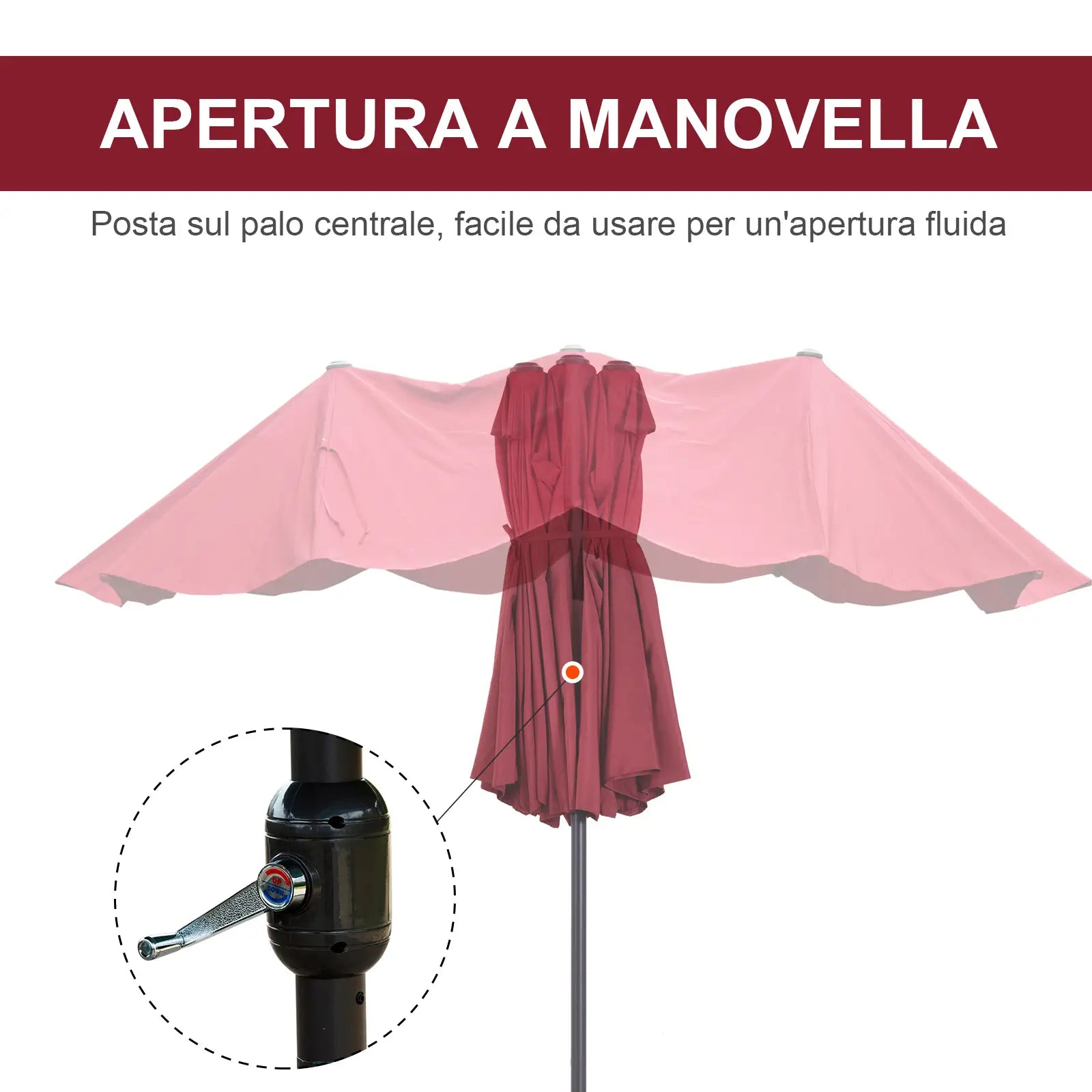 Double Garden Umbrella with Crank Opening, in Steel and Polyester, 460x270x240 cm, Red - Borge' Group Limited
