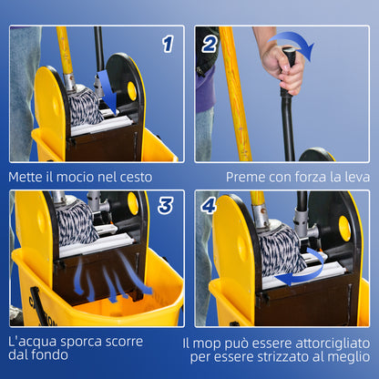 HOMCOM Professional Mop Bucket with Manual Wringer, 4 Wheels and Metal Handle, Yellow