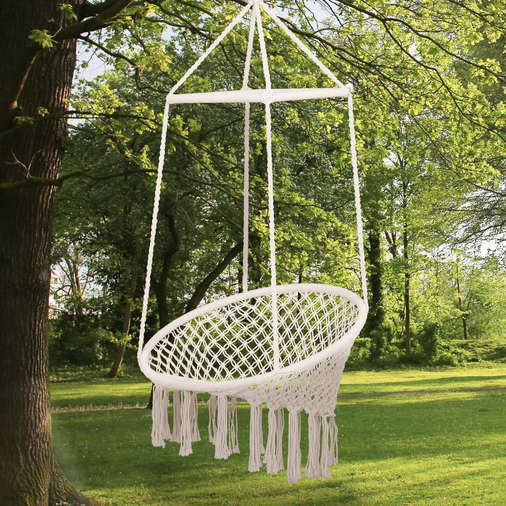Hammock Swing Chair in Wood and Cotton Rope, Beige, 80x140 cm