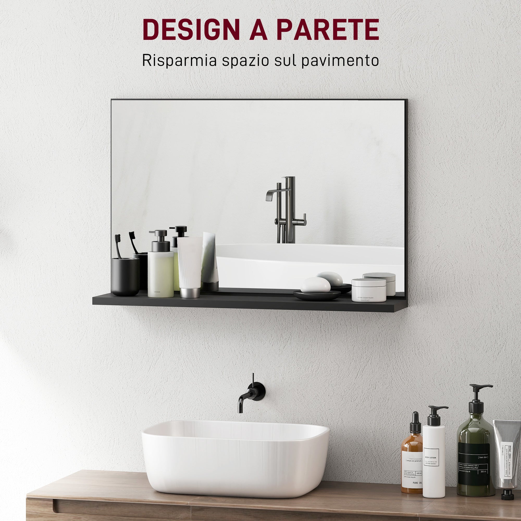 Wall-Mounted Bathroom Mirror with Shelf, Modern and Multipurpose Design, 60x12x40 cm, Black