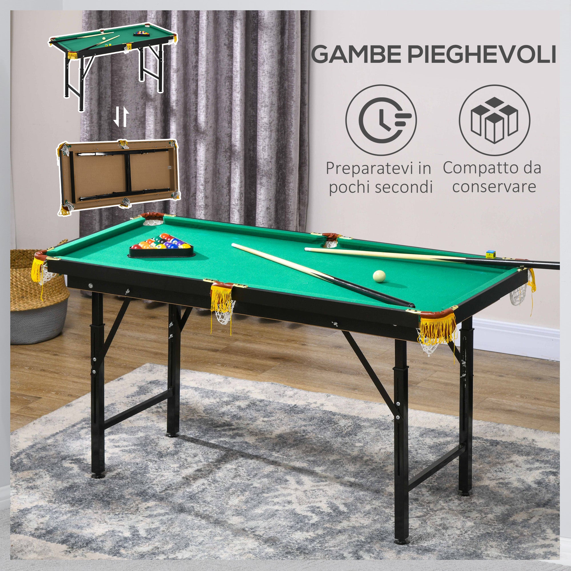 SPORTNOW Height-Adjustable Pool Table with Accessories, MDF and Steel, 140x63x55-75 cm, Green