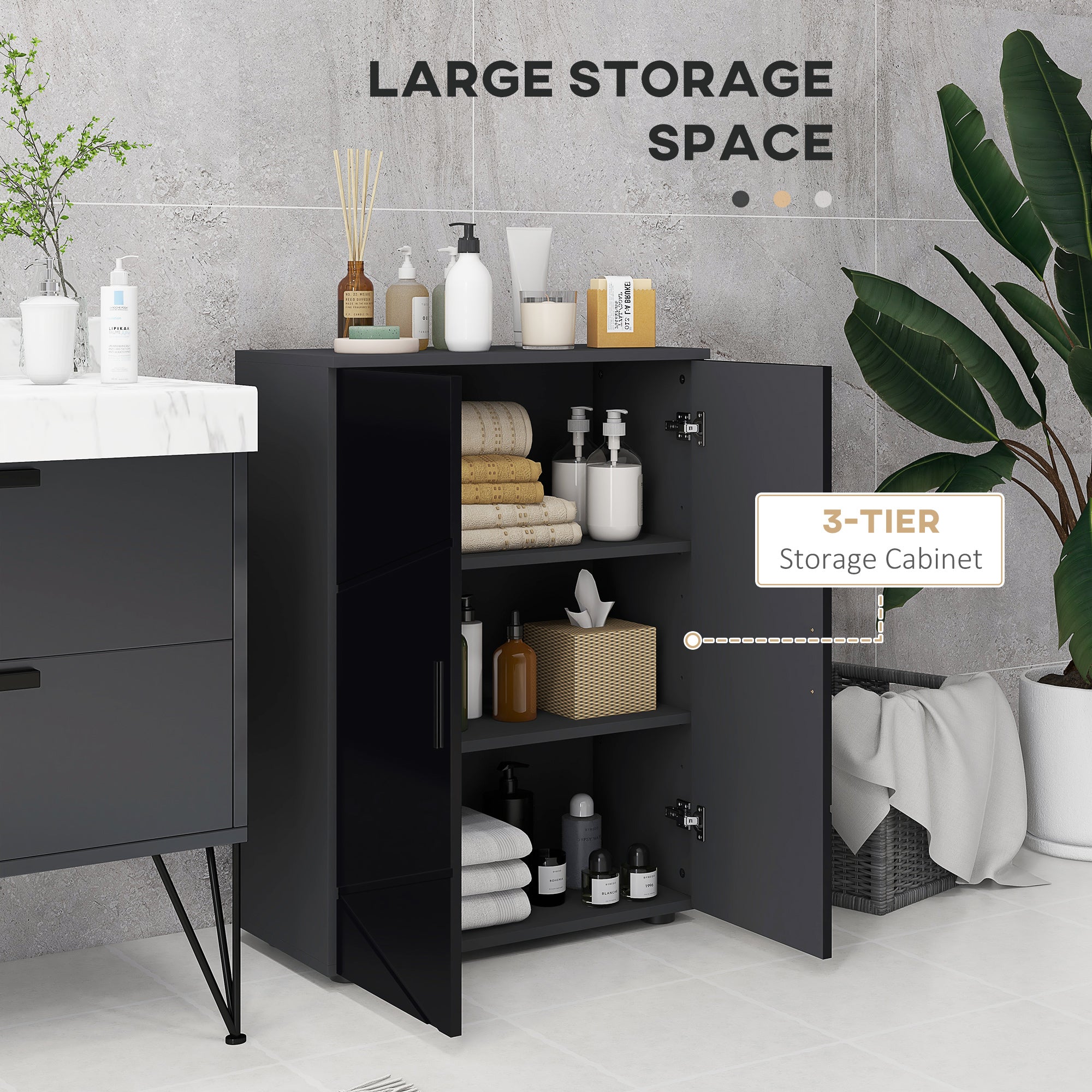 Kleankin Bathroom Cabinet 2 Wooden Doors with 3 shelves and cushioned closure, 60x30x82cm, black - Borgè