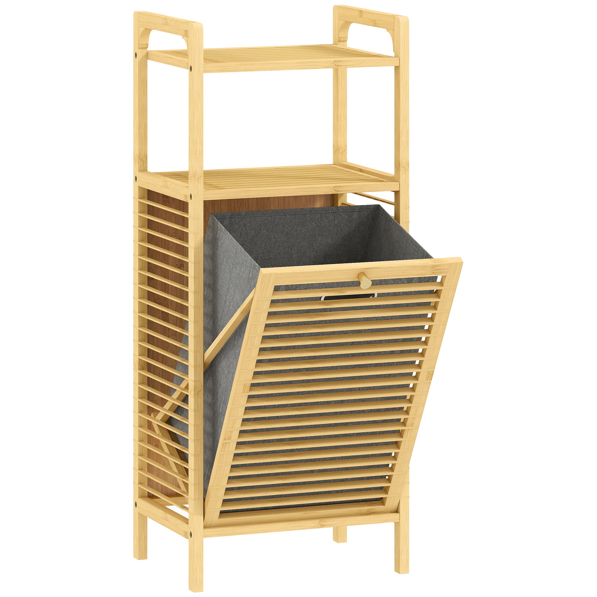 Bamboo and Polyester Bathroom Cabinet with Slatted Base, Laundry Basket and Cabinet, 40x30x95 cm, Grey and Wood