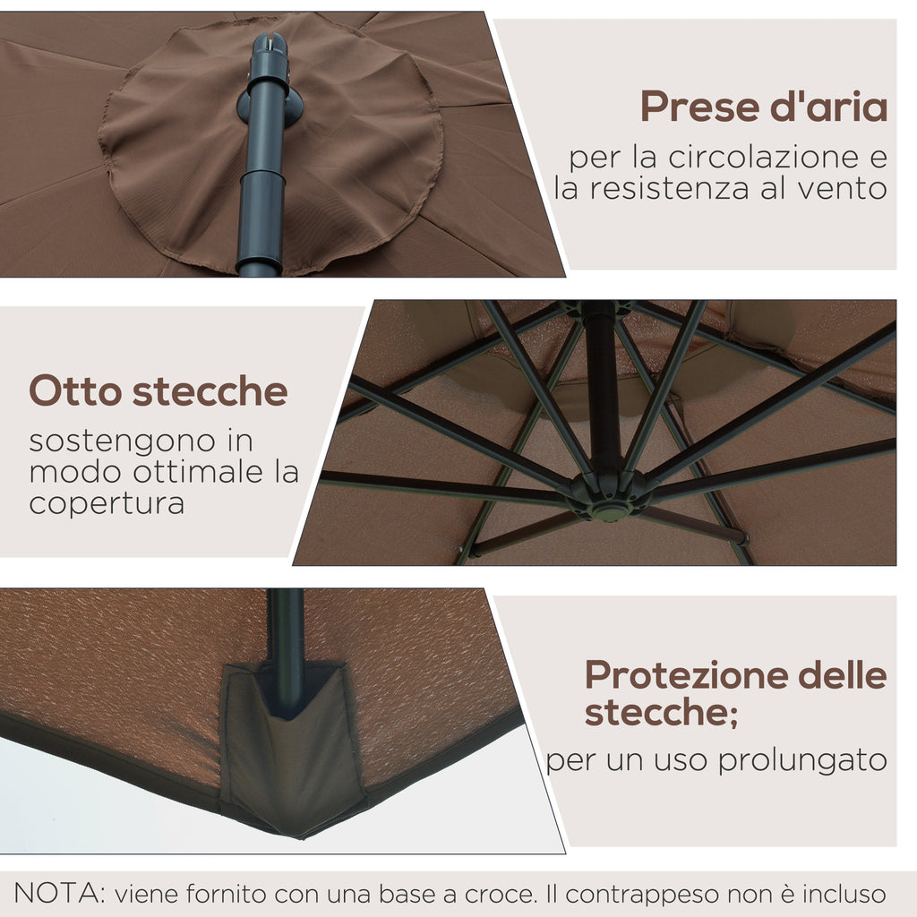 Outdoor Umbrella Ø3x2.5 m with Cross Base and Crank, in Steel and Polyester, Coffee Color
