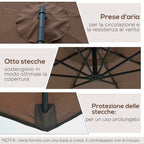 Outdoor Umbrella Ø3x2.5 m with Cross Base and Crank, in Steel and Polyester, Coffee Color