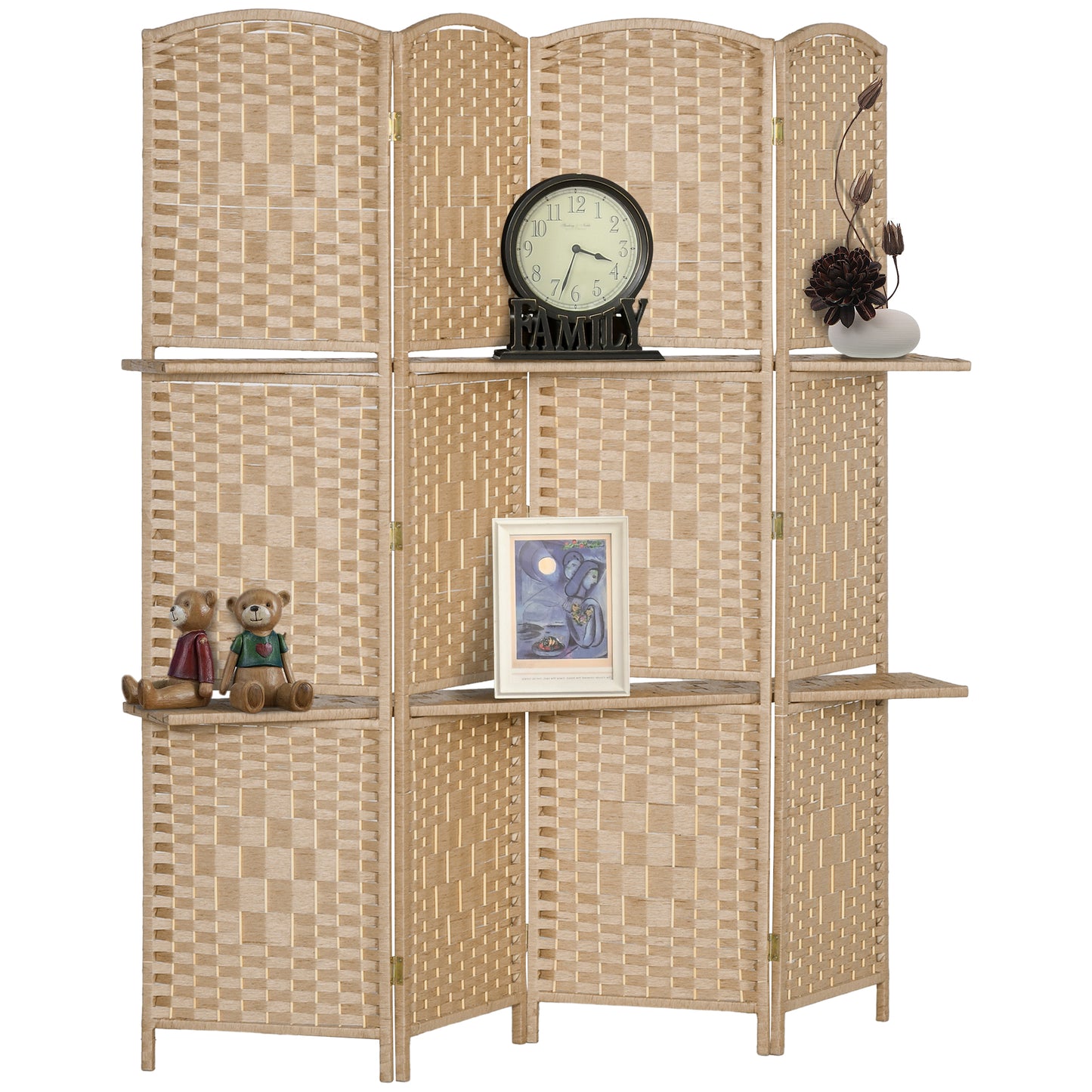 4-Panel Folding Room Divider with Shelves 160x170cm, Natural Color