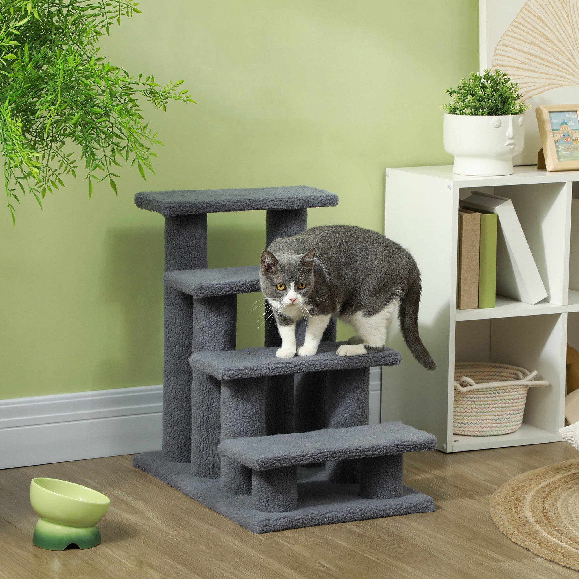 4-Step Ladder for Dogs and Cats with Plush Cover, 61x41x60 cm, Gray