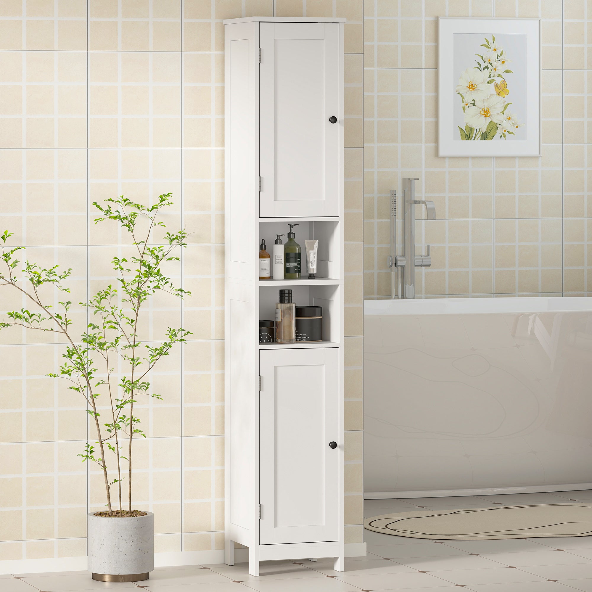 Tall Bathroom Cabinet with 2 Open Shelves and 2 Adjustable Shelving Cabinets, Wooden, 30x30x170 cm, White