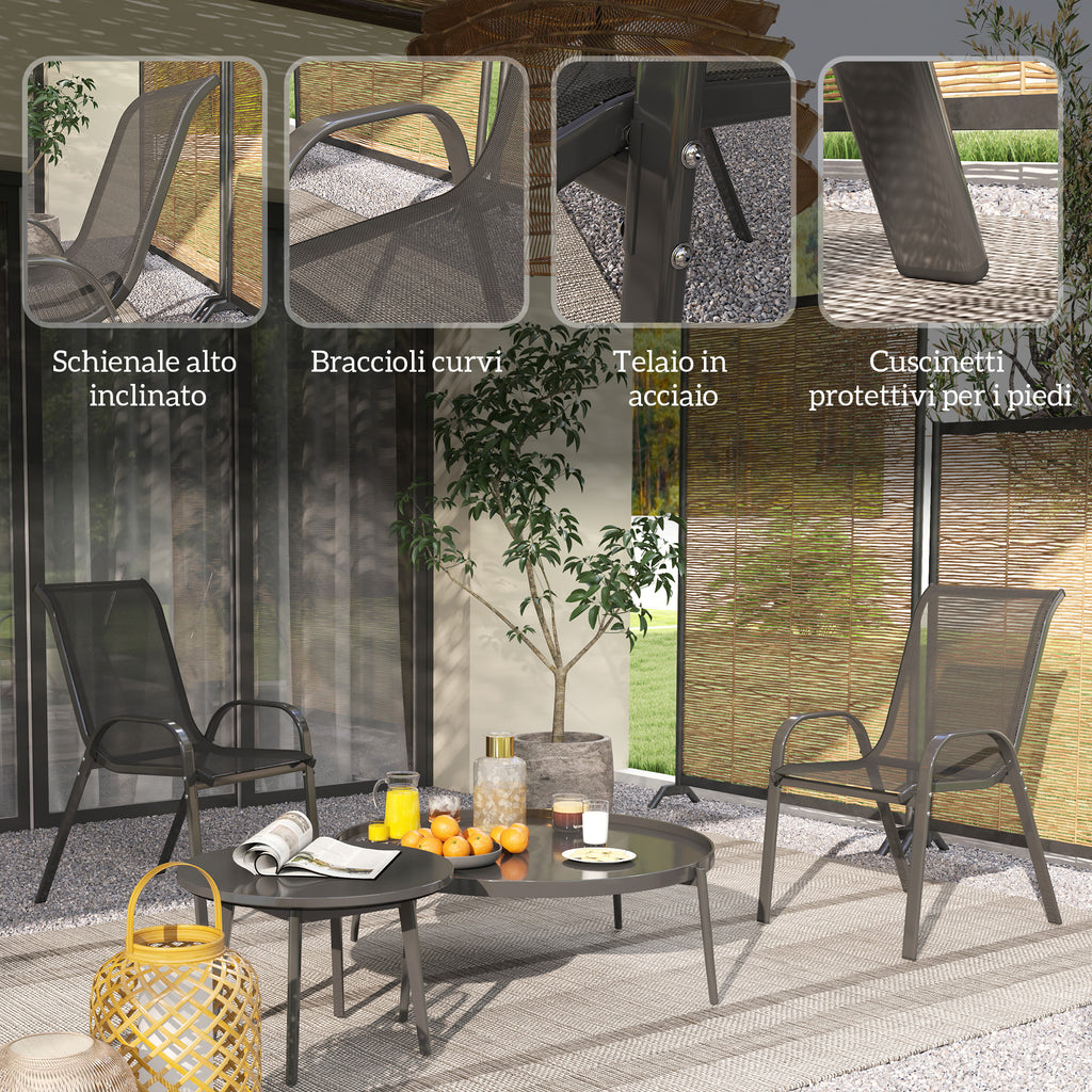 Outsunny Set of 2 Stackable Garden Chairs with Curved Armrests, Steel and Breathable Fabric, 54x71x93 cm, Black