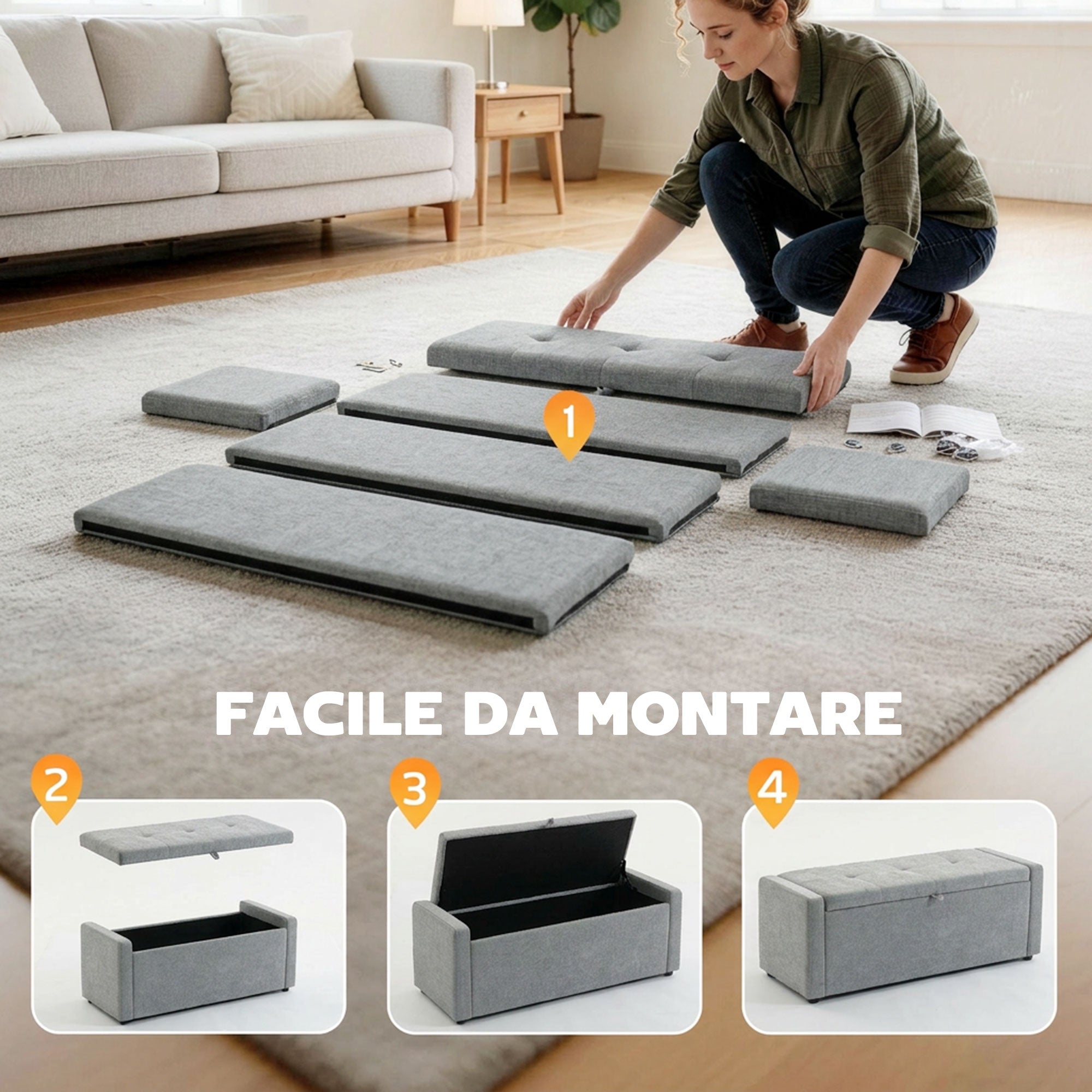 HOMCOM 142L Storage Bench, Wide Padded Seat, Linen, 200 kg Capacity, Light Grey