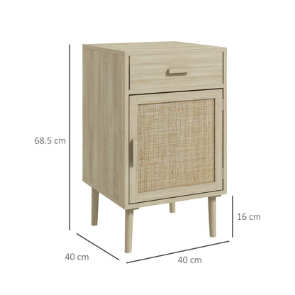 Set of 2 Bedside Tables for Bedroom with Drawer and Door in Boho Style Rattan, Wood Colour - Borgè