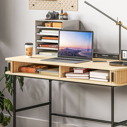 Bedroom and Office Desk with Fluted Doors, Wood and Steel 120x60x76.5cm, Oak and Black