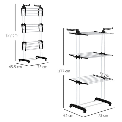 4-Tier Folding Clothes Airer with Rotating Wings and 4 Wheels, in Steel and PP, 73x64x177 cm, Black