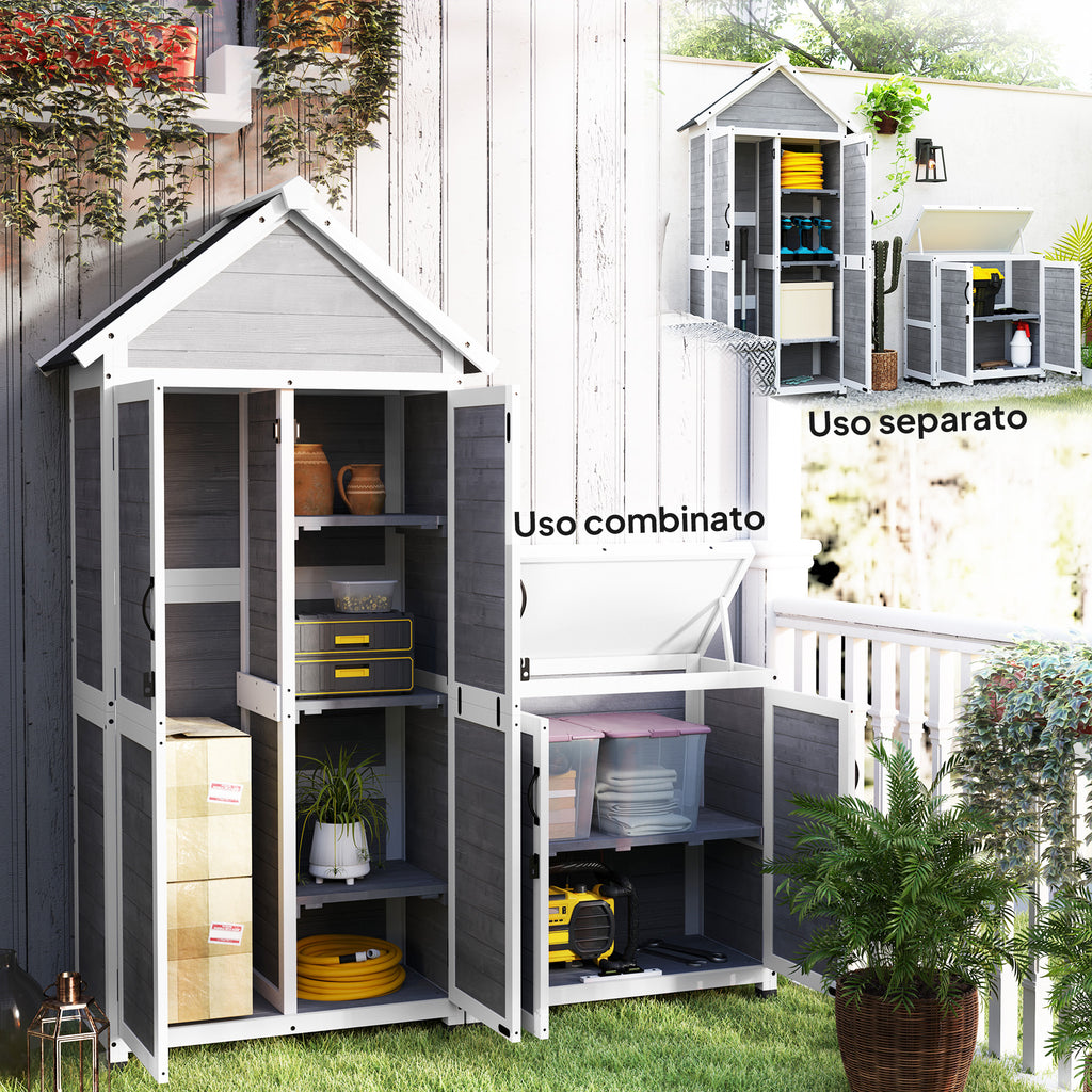 Garden Shed and Outdoor Cabinet with Wooden Opening Roof, Locking Doors, Light Grey