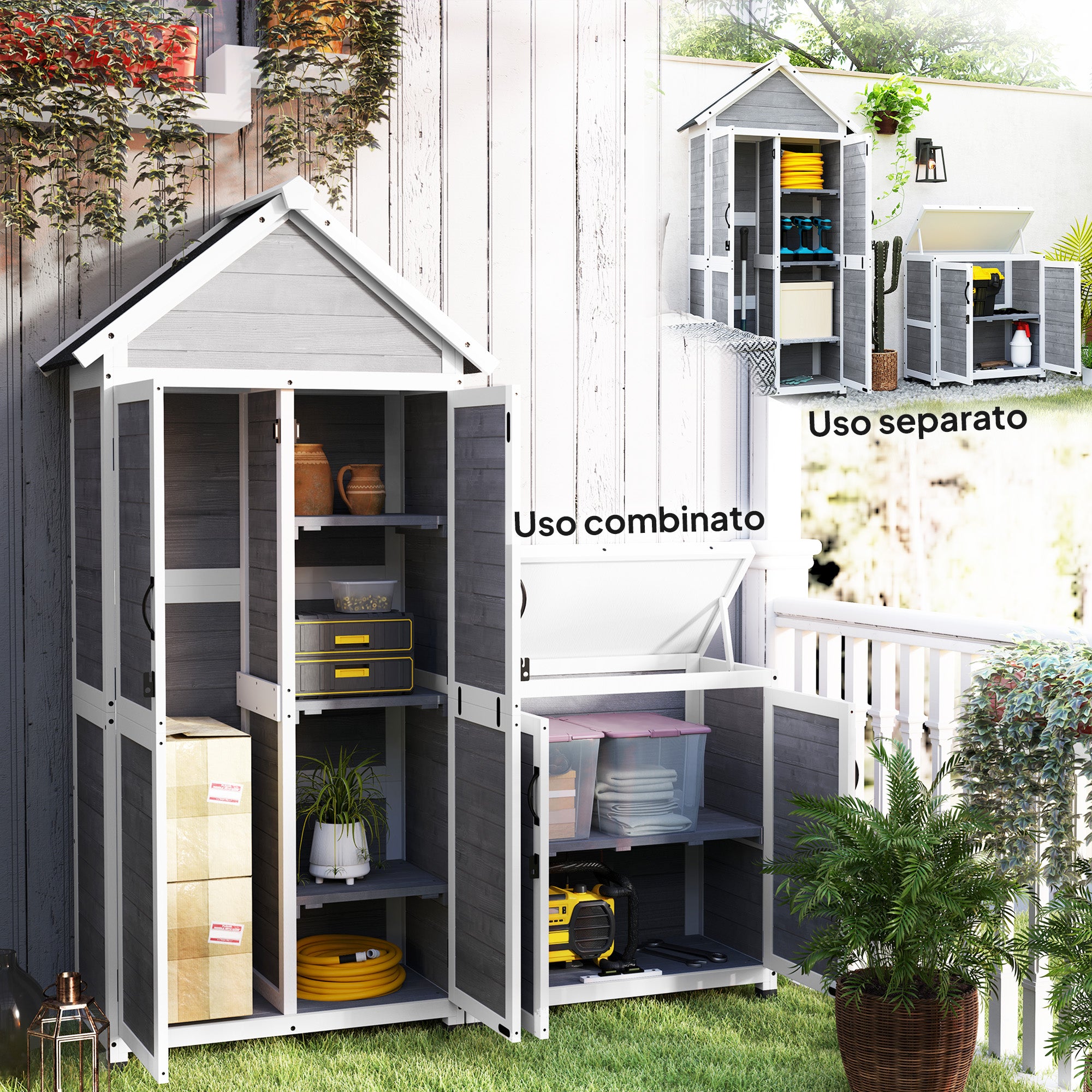 Garden Shed and Outdoor Cabinet with Wooden Opening Roof, Locking Doors, Light Grey