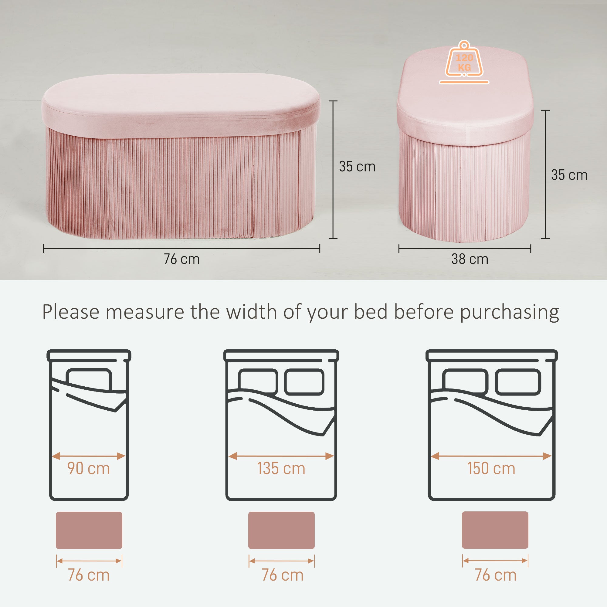 HOMCOM Foldable Storage Ottoman with 72L Capacity and Velvet Lining, 76x38x35 cm, Pink