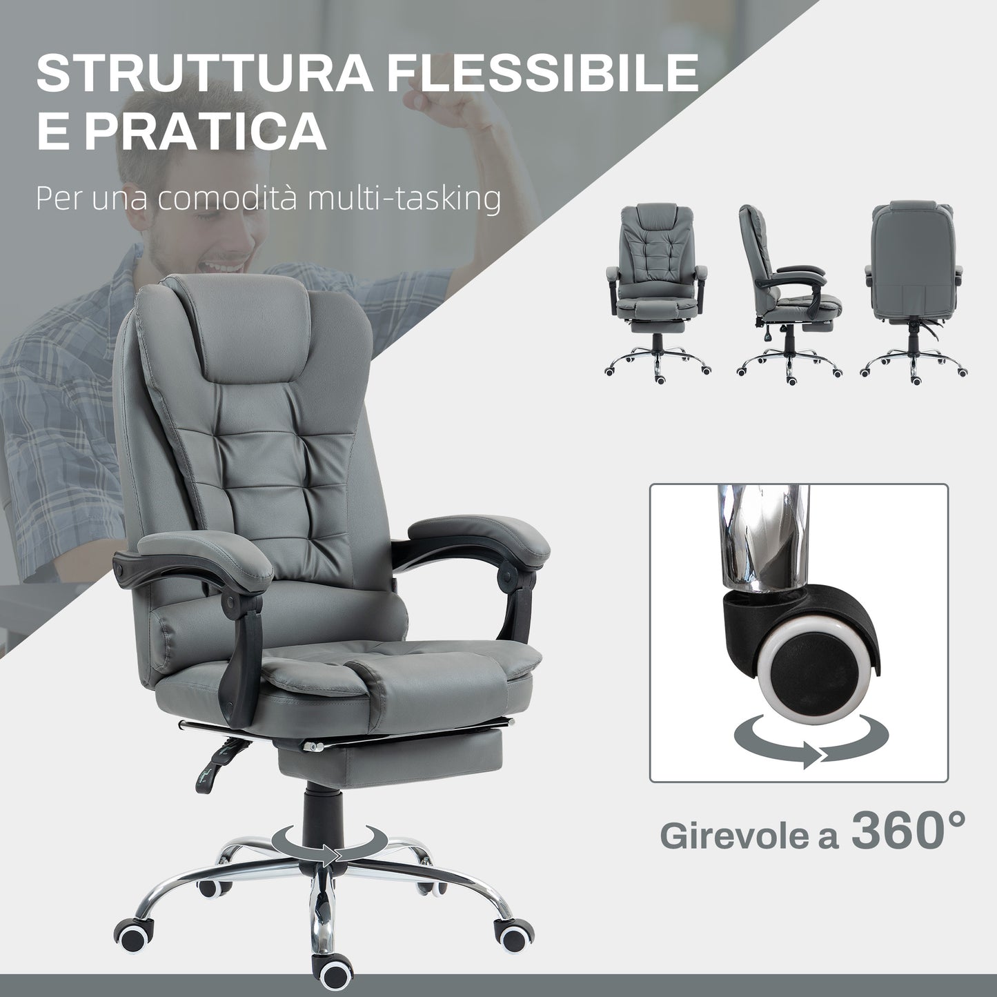 HOMCOM Ergonomic Office Chair 145° Reclining with Removable Footrest in Faux Leather, Gray