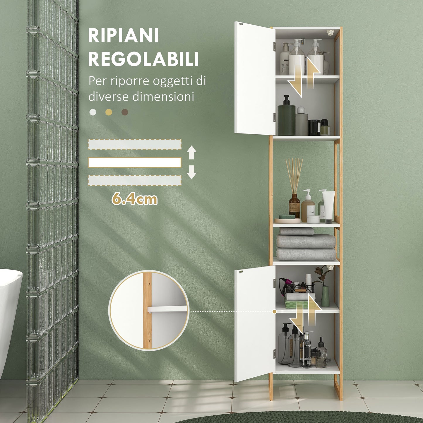 Space-Saving Bamboo Bathroom Column with Open Shelves and 2 Push-Opening Cabinets, White