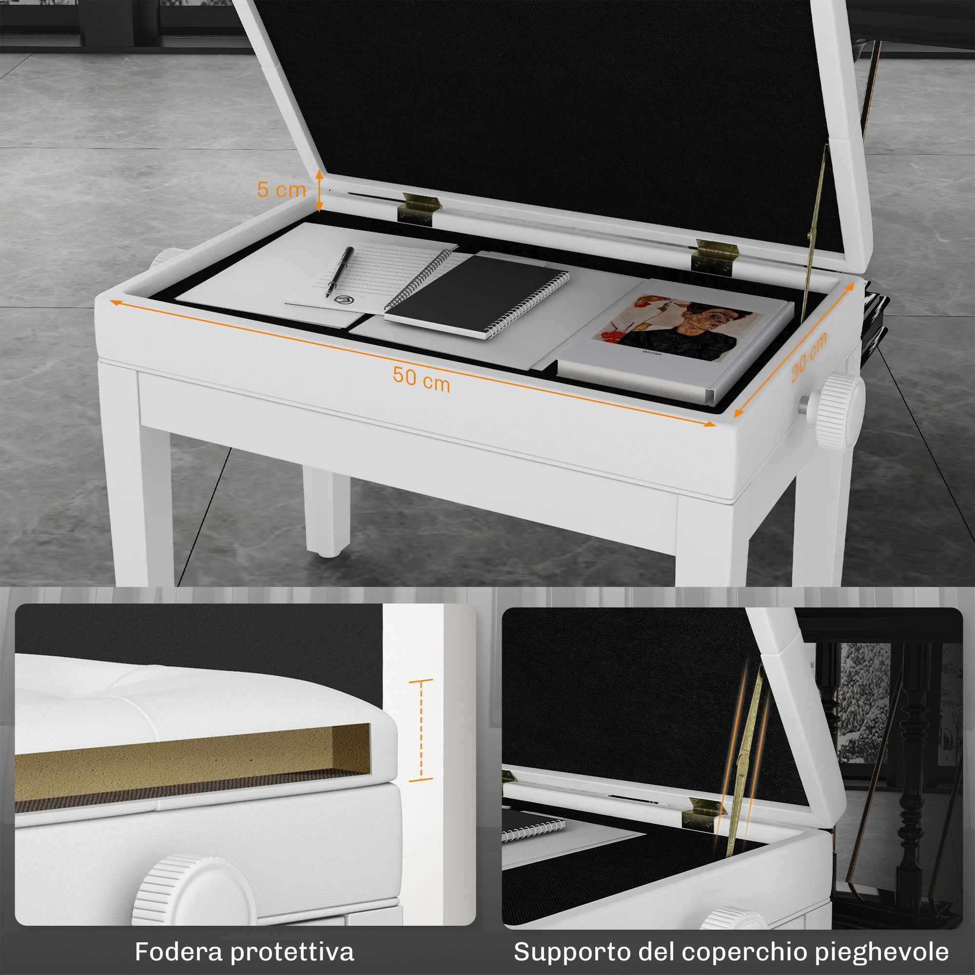 HOMCOM Adjustable Piano Stool with Storage Compartment and Padded Seat, 54.5x33x48-58 cm, White